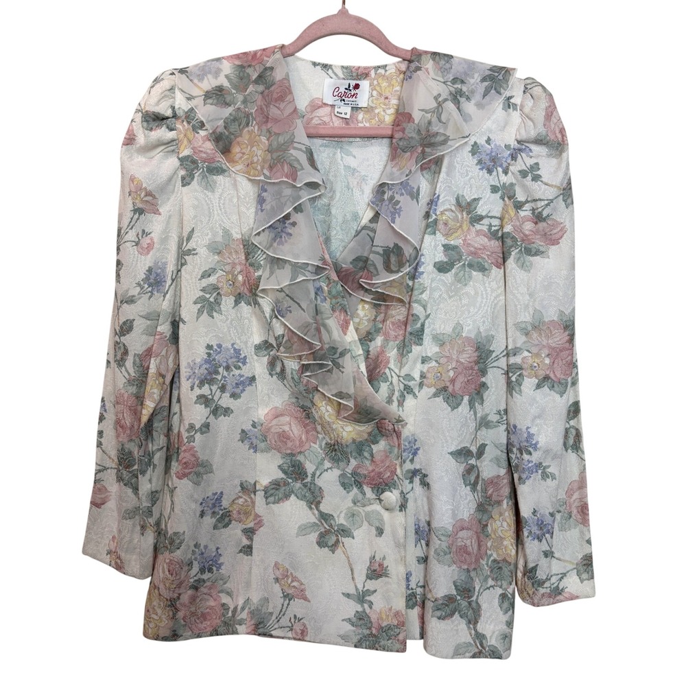 VTG 80s Caron Floral Brocade Ruffle Blazer Jacket Romantic Cottagecore Garden 12